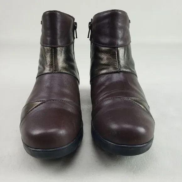 Onfoot Leather Ankle Wedge Boot Womens 6.5 EU 37 Brown & Gold Side Zip Spain